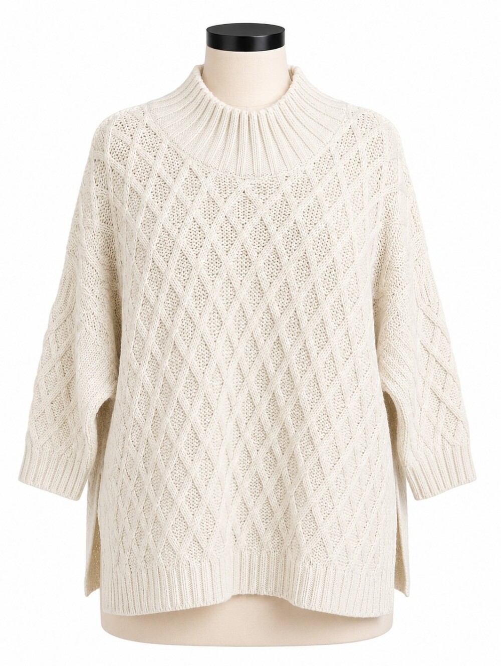 MERSEA Lisbon Traveler Oversized Cable Knit Sweater Mock Neck Slit Cream OS